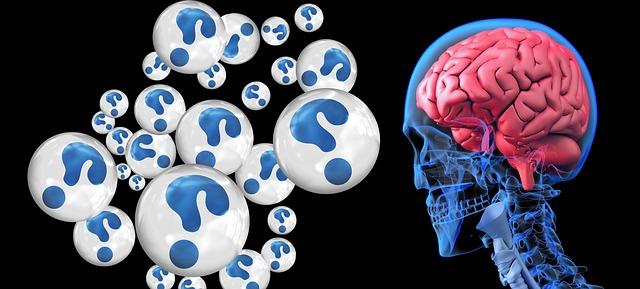 大脑在透明的脑袋里，气泡里有无数的问号.